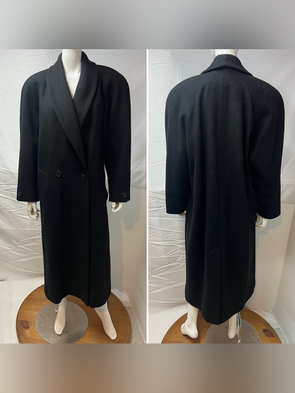 Vintage Jones New York Women’s Large XL Long Black Wool Shawl Collar Overcoat - Picture 5 of 8